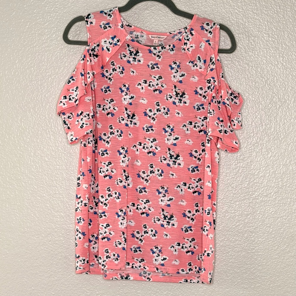 Juicy Couture Pink Floral Cold Shoulder Ruffle Sleeve Top Cottagecore Girly Sz L - Picture 9 of 15